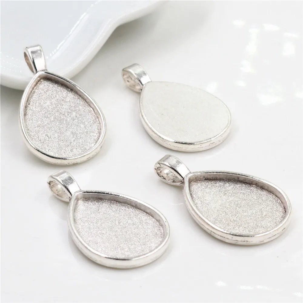 10pcs 18x25mm Inner Size Antique Silver Plated Bronze Drop Style Cameo Cabochon Base Setting Charms Pendant necklace findings