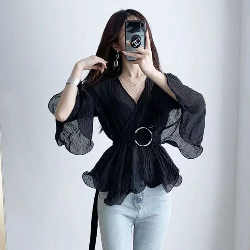 2024 Summer New Women Design Sense High Waist Overlapping Pagoda Sleeve Long Sleeved Chiffon Shirt V-neck Multicolor Sashes Tops