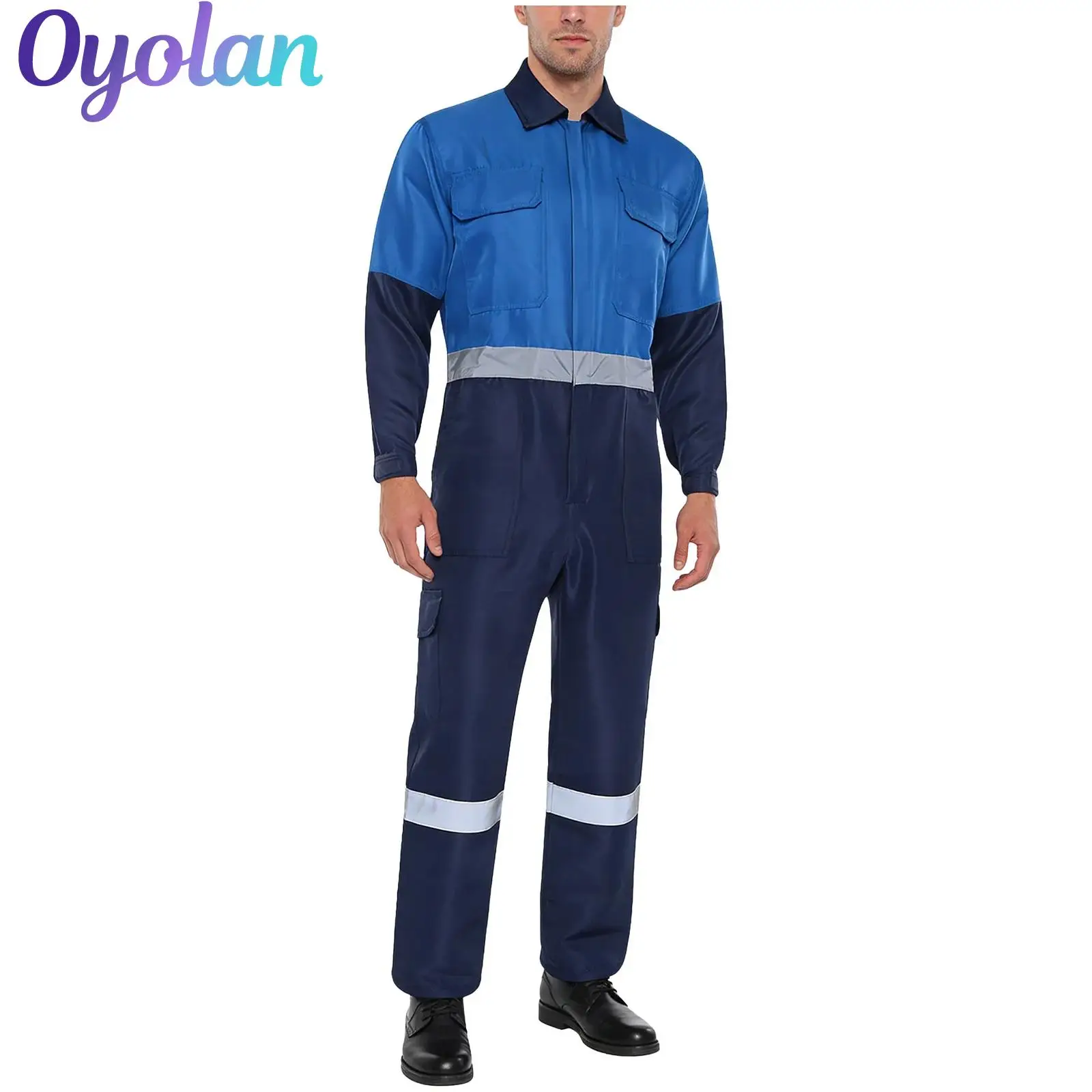 بدلة قفز للرجال زي ورشة عمل بأكمام طويلة وسحاب أمامي ملابس عمل معطف متعدد الجيوب عاكس لكامل الجسم