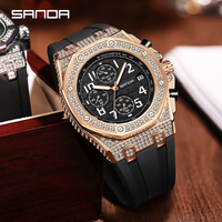 SANDA 7026 Fashionable Men's Quartz Watch With Diamond Studded Dial And Calendar Three Eye Six Pin Men's Creative Quartz Watch