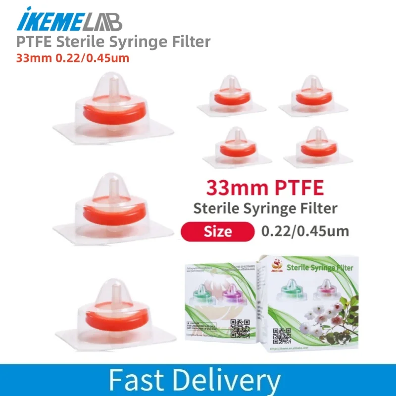 IKEME Sterile Syringe Filter PTFE Needle-type Filter 33mm 0.22um/0.45um Millipore Membrane Syringe Filter 50pcs/box