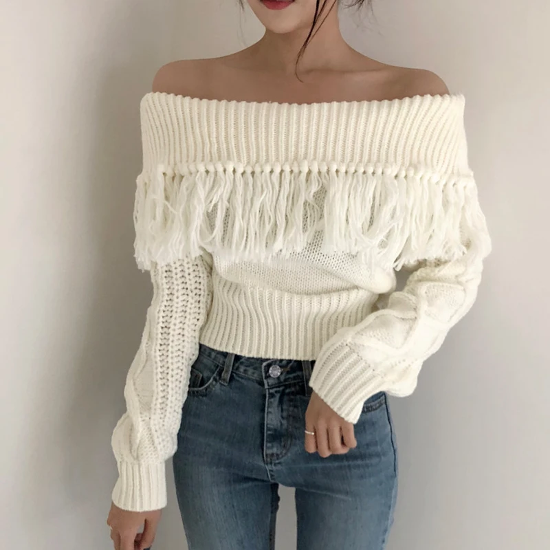 Korean Off Shoulder Tassel Sweater Vintage Yellow Women Loose Long Sleeve Twist Knitted Pullovers 2022 Sexy Crop Sweaters Jumper