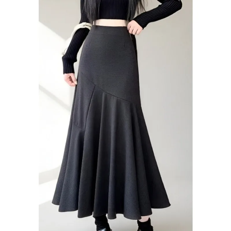 Women Autumn Winter Mermaid Maxi Skirt High Waist Irregular Spliced Slim Fit Hip Wrap Elegant Flared Long Skirt