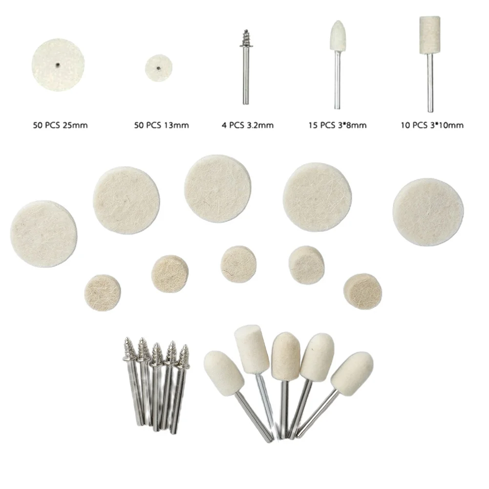 

129pcs Wool Felt Polishing Kit for 3mm Shank Rotary Tool for Metal Wood with Various Wheel Shapes and Connectors