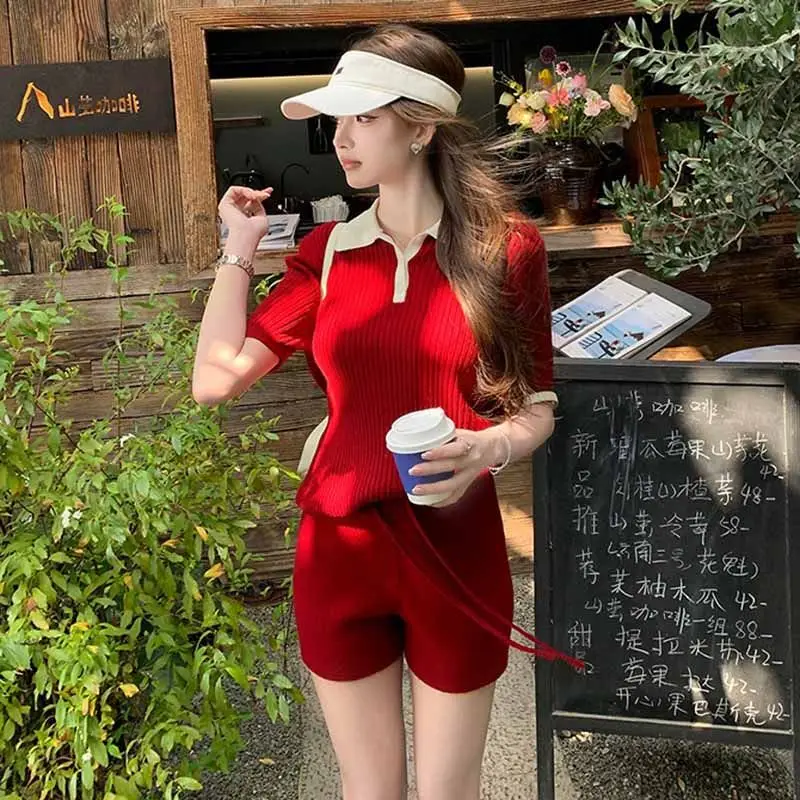 Preppy Tennisstijl Polo Gebreide Set Dames Zomer Cropped Top + Shorts Outfit Sportief Chic Tweedelige Y2K Vrijetijdskleding Hoge kwaliteit