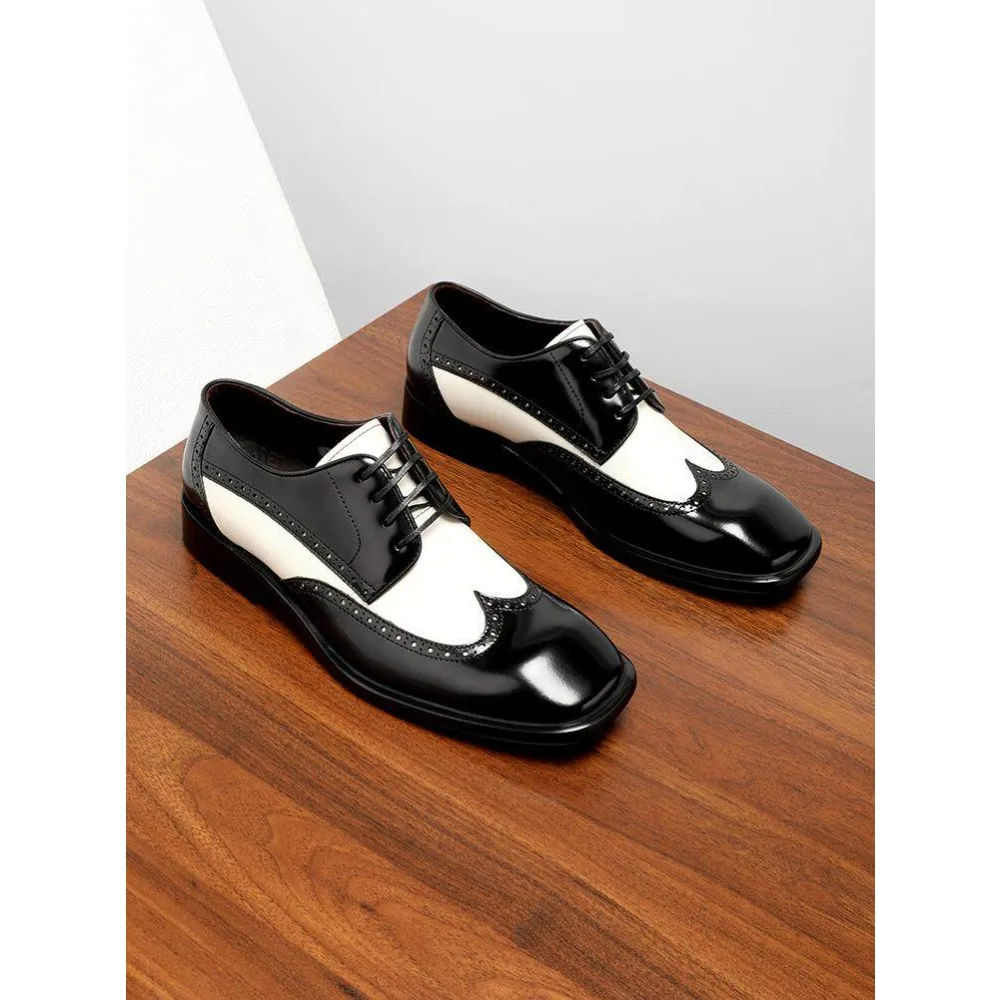 2026 High Men Brogue Dress Shoes British Style Business Genuine Leather Square Toe Shiny Black White Block Derby Shoes