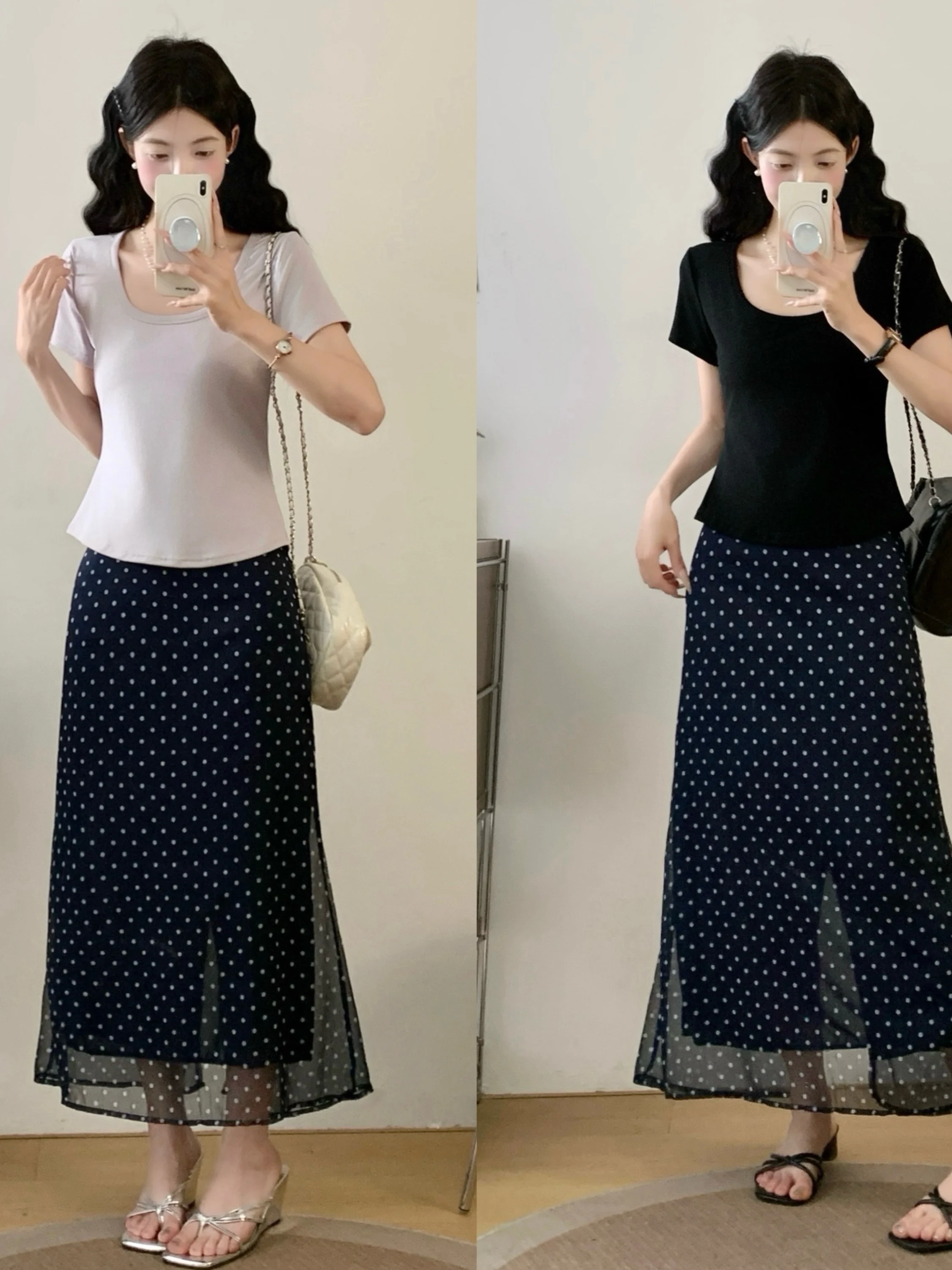 

plus Size Summer Polka Dot T-Shirt And Skirt Set Shoulder Length Short Sleeve Slimming Meat Covering A-Line Midi Skirt