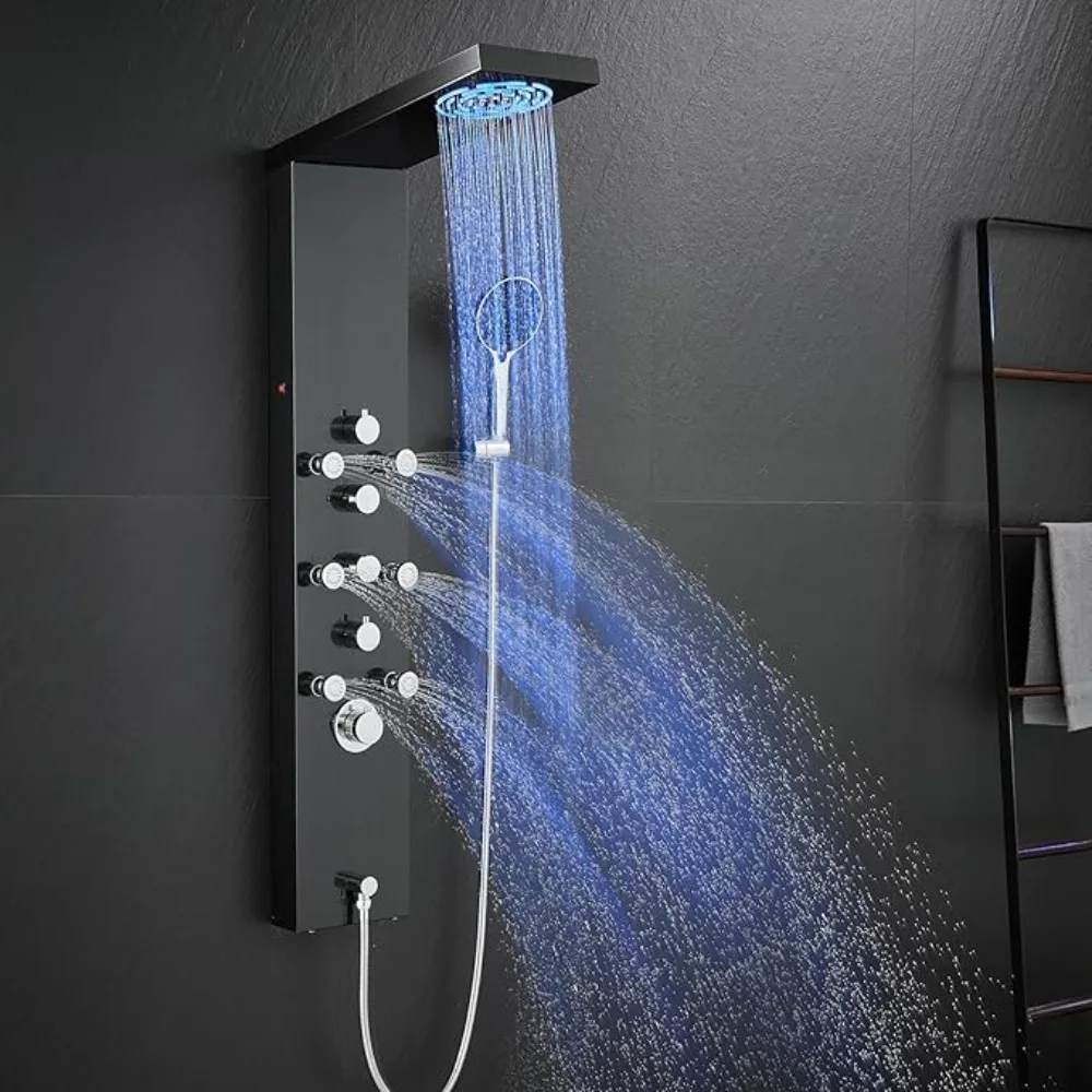 

ROVATE LED Shower Panel Tower System with Mist Rainfall Shower, 4-in-1 Shower Tower with 6 Adjustable Body Massage Jets