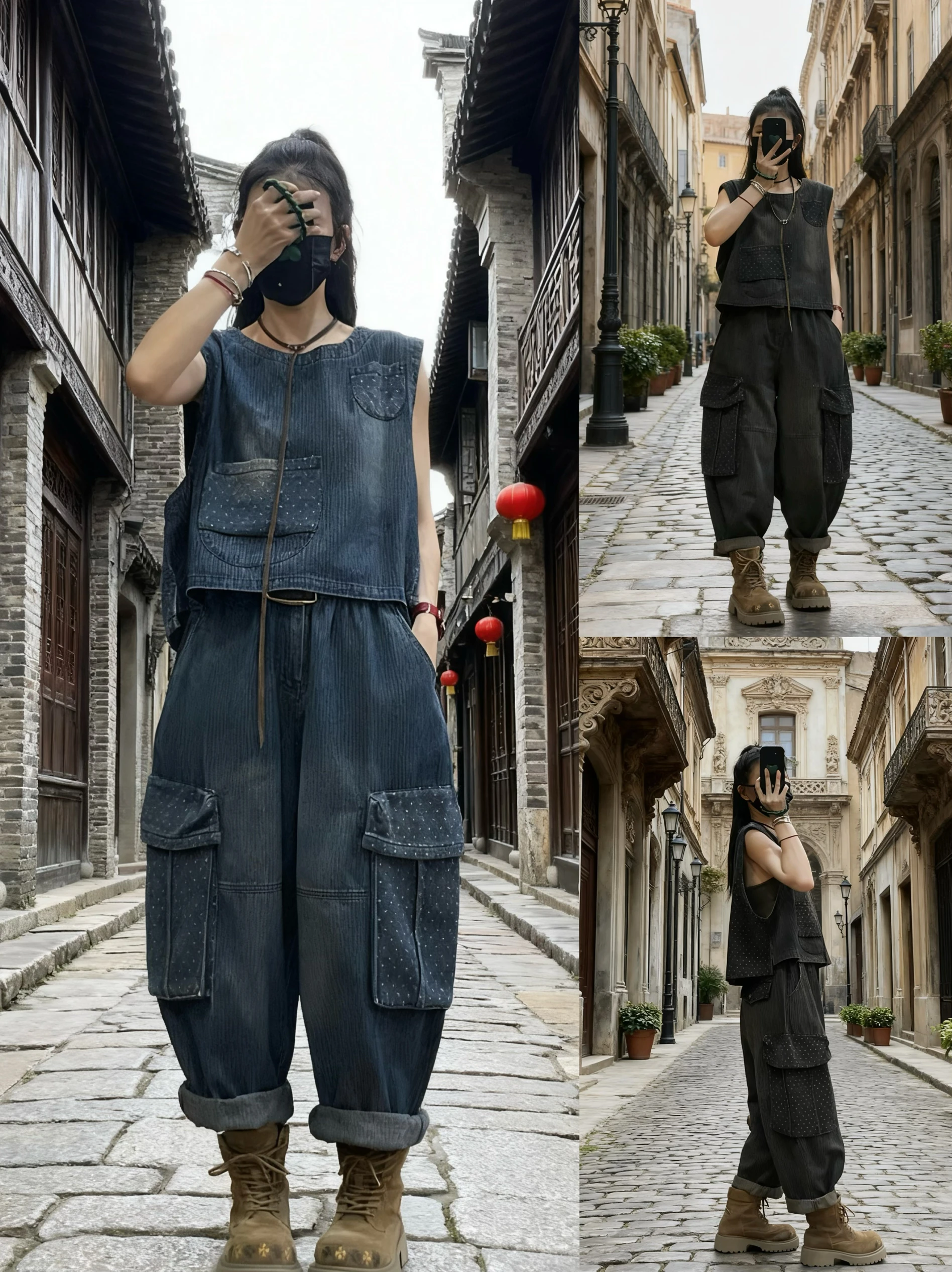 

Джинсовый жилет в стиле пэчворк в стиле ретро и рабочие брюки, комплект из двух предметов, свободный женский весенне-осенний утягивающий модный повседневный наряд