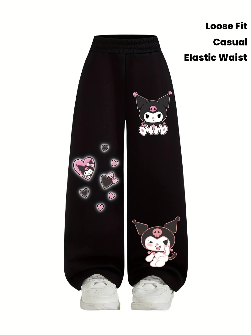

Sanrio for Kuromi Повседневные брюки свободного кроя прямого кроя для девочек с мультяшным принтом — эластичный пояс, удобная всесезонная милая одежда