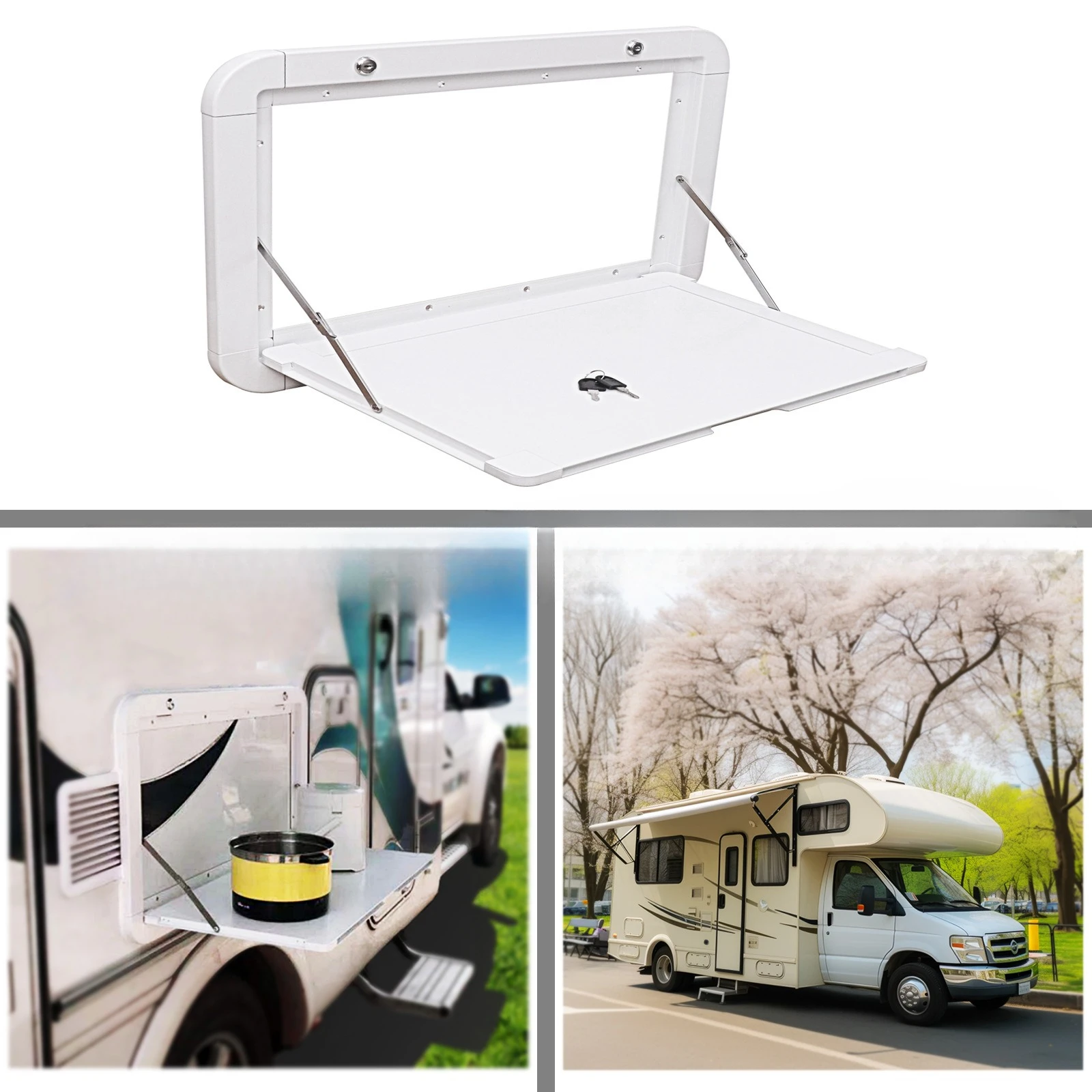 

RV Out Folding Table White/Black Trailer-mounted External Dining Table Exterior Side-mounted Folding Motorhome Camping Table