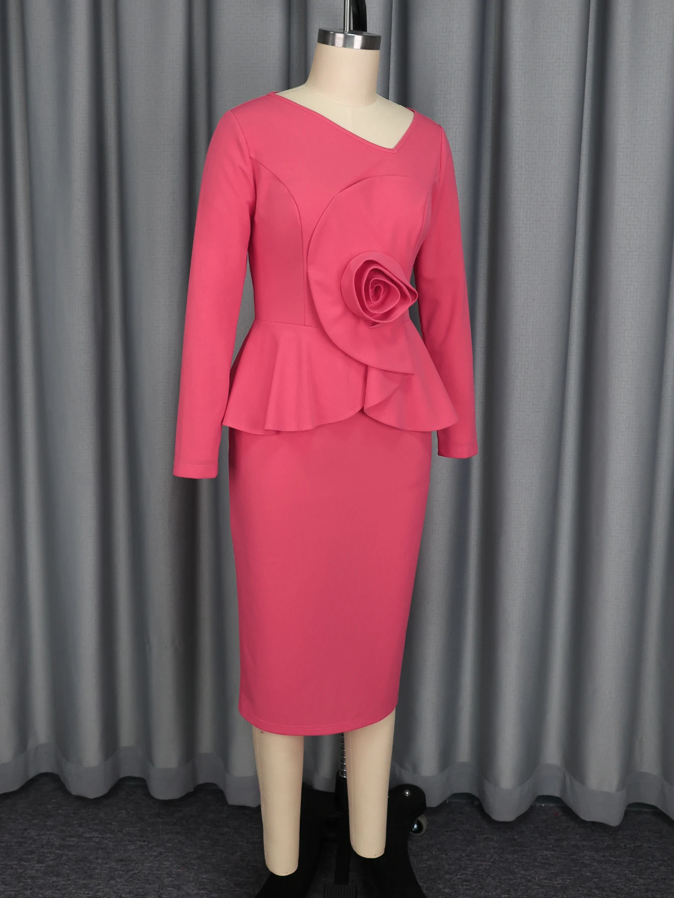 Elegant Church Dresses Long Sleeve Women Skew Collar Peplum 3D Flower Midi  Party Office Ladies Business Work Party Birthday Fall - AliExpress 200000345