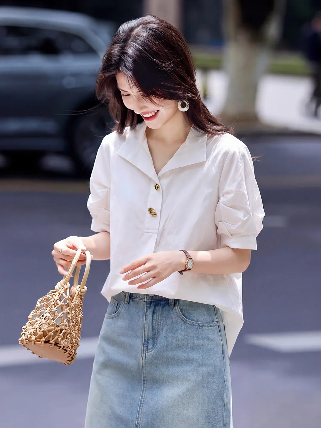 

Xin Fei Yu Women's Loose Short Sleeve Bubble Sleeve Shirt Commute Casual Polyester Rayon Blend Summer New Style Fashionable