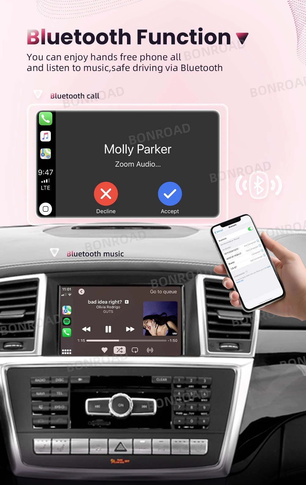 BONROAD Drahtloser CarPlay-Adapter Android-Automodul für Mercedes Benz ML W166 GL X166 2012–2015 NTG4.5 mit Bluetooth Airplay – Detail 3