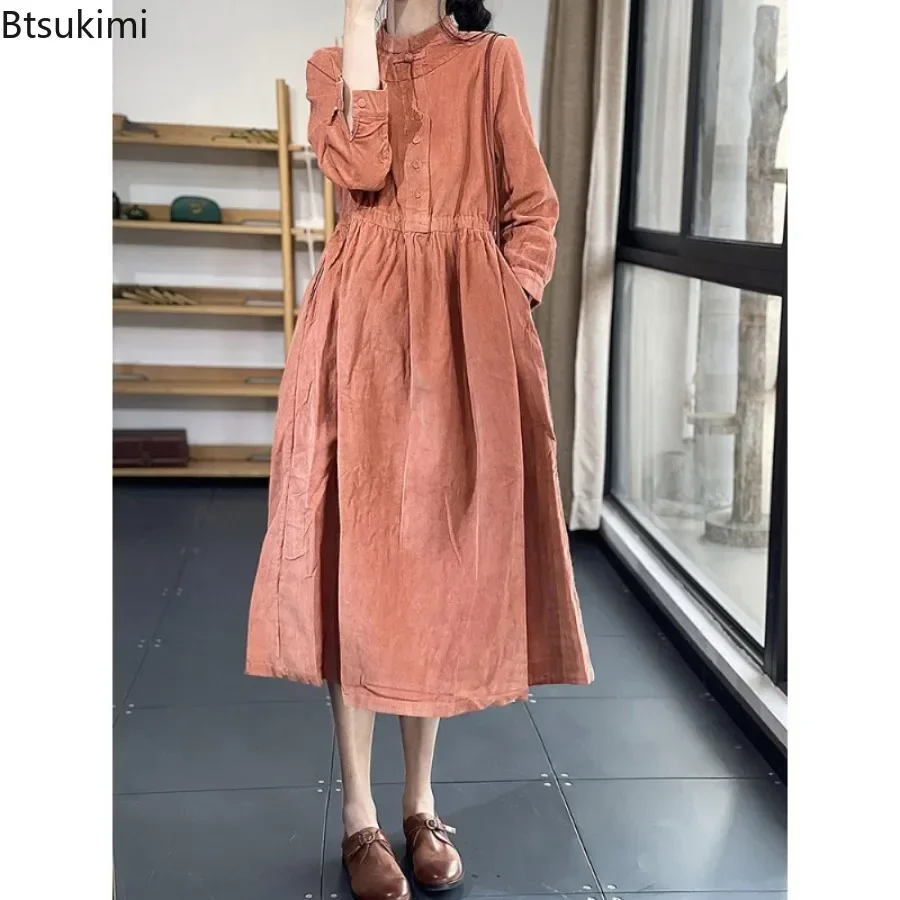 ใหม่ผู้หญิงฤดูใบไม้ผลิหลวม Corduroy ความยาวกลางชุดแฟชั่นคอยาวแขนยาว Midi ชุดลําลอง Vintage Robe femme