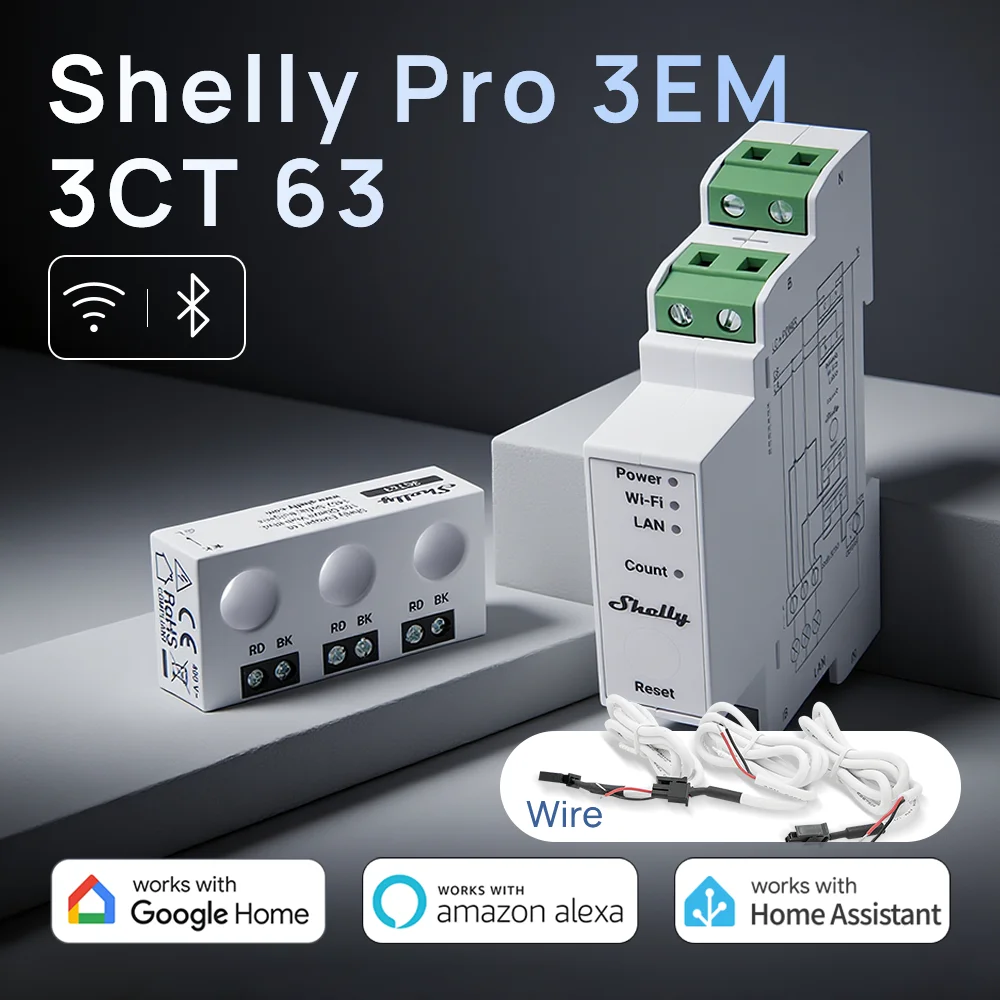 

Shelly Pro 3EM 3CT63 4 Quadrant Measurement DIN Rail mounting Optical pulse indication of energy usage Photovoltaic ready