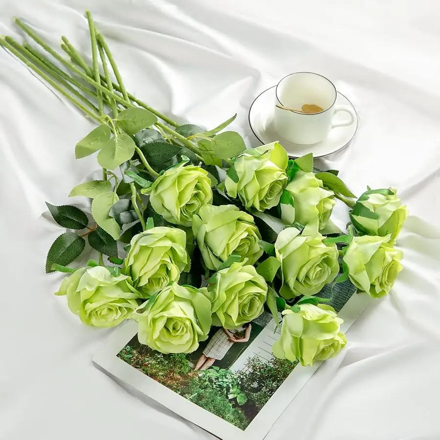 12PCS Artificial Silk Flowers Realistic Roses Bouquet Long Stem for Home Wedding Decoration Party (Green)