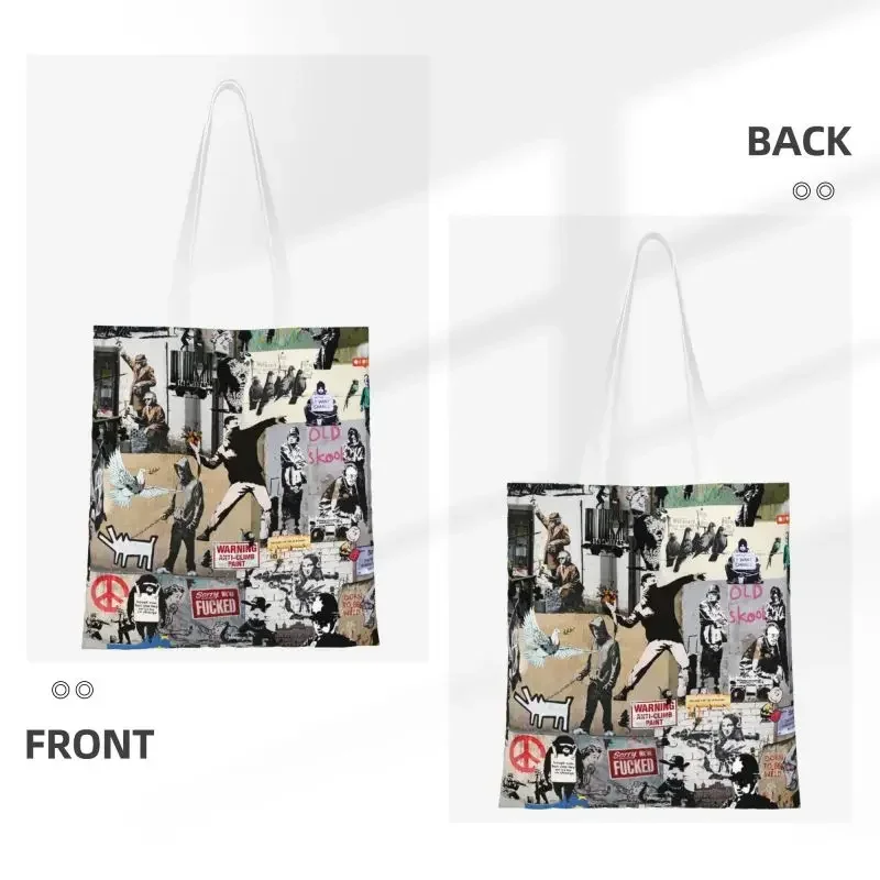 Custom Banksy Street Graffiti Canvas Shopping Bags Women Recycling Grocery London Pop Art Tote Shopper Bags