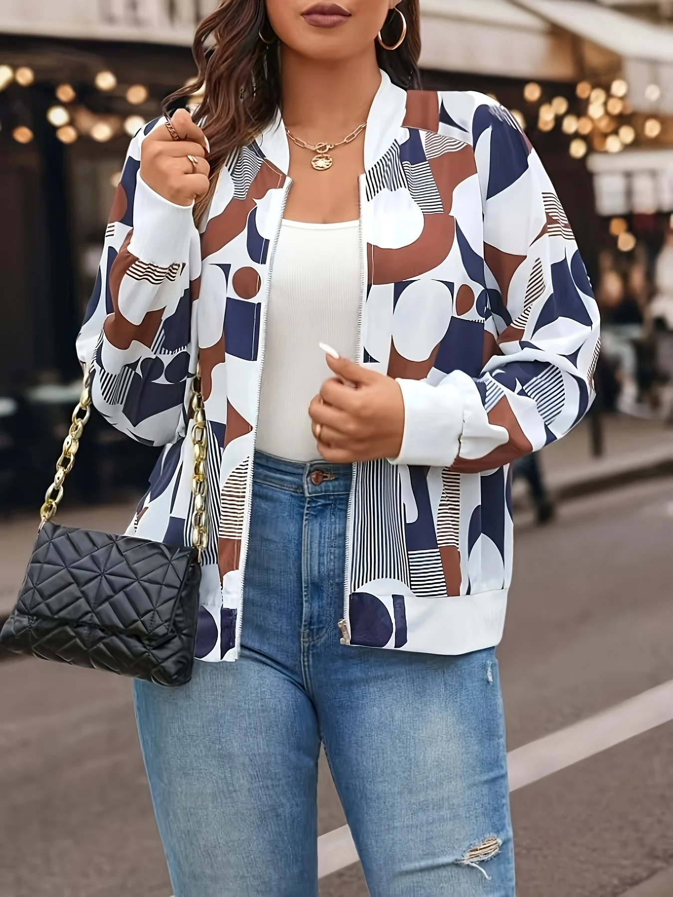 Modna damska kurtka z geometrycznym wzorem, kołnierz w stylu baseballowym, lekka odzież wierzchnia na co dzień, elegancki styl na wiosnę i jesień.