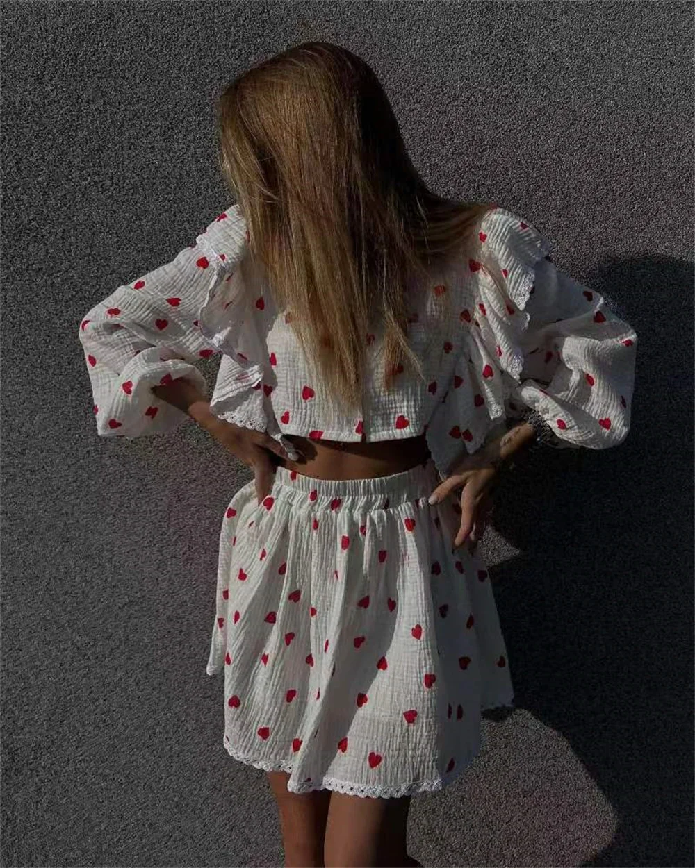 Women Cotton Linen Top Skirt Set Summer Home Strawberry Pattern V-Neck Ruffle Long Sleeve Button Blouse Mini Skirt Outfit