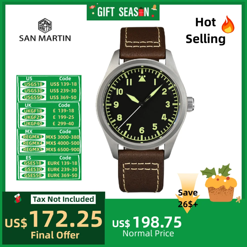 San Martin Pilot Titanium Military Enthusiast NH35 YN55 Automatic Mechanical Men Watch Leather Strap Waterproof Luminous SN0030T