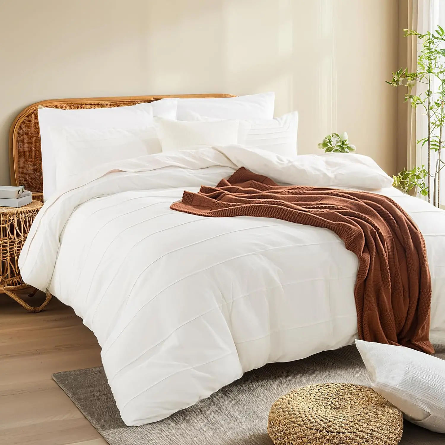 

King Size Duvet Cover Set, 3 Piece Pleated White Bedding, 100% Washed Cotton, Zipper Closure, 104x90 Inches