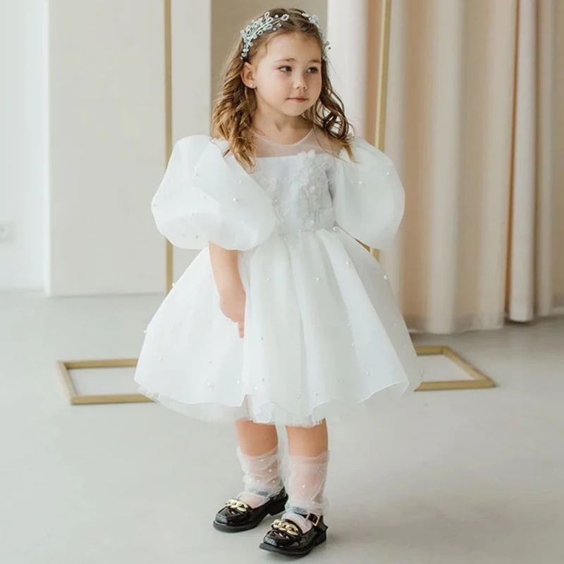 

Flower Girl Dresses White Tulle Puffy Appliques Pearls With Bow Short Sleeve For Wedding Birthday Party Holy Communion Gowns