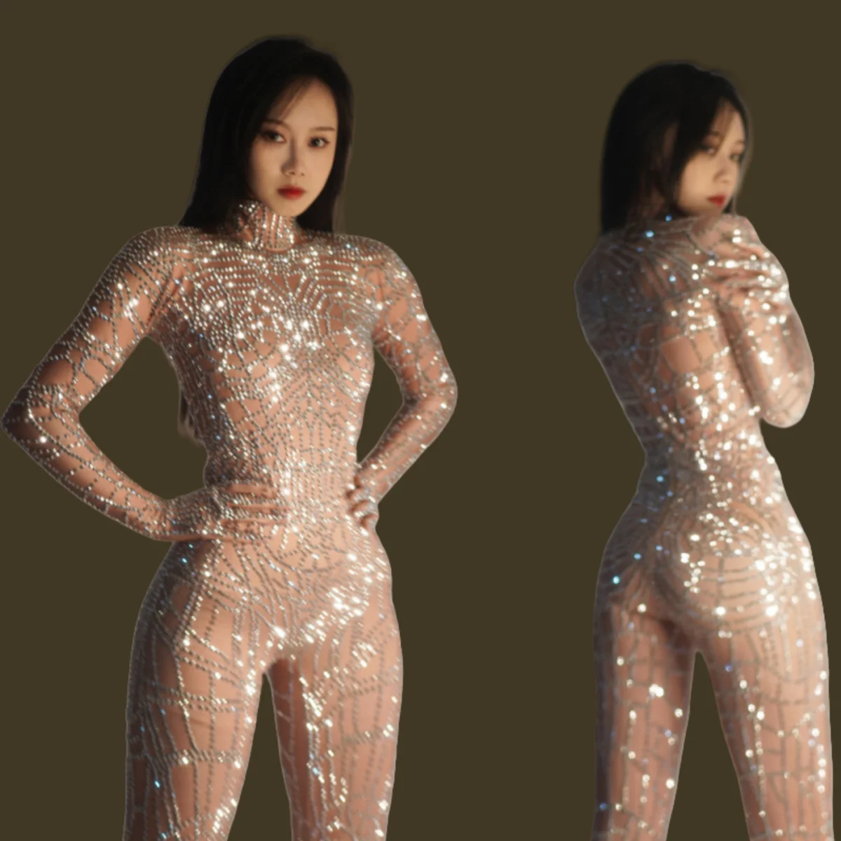 

Silver Full Rhinestones Nude Jumpsuits Sexy Evening Birthday Costume leggings Shiny Long Sleeve Rhinestones One Piece Bodysuits