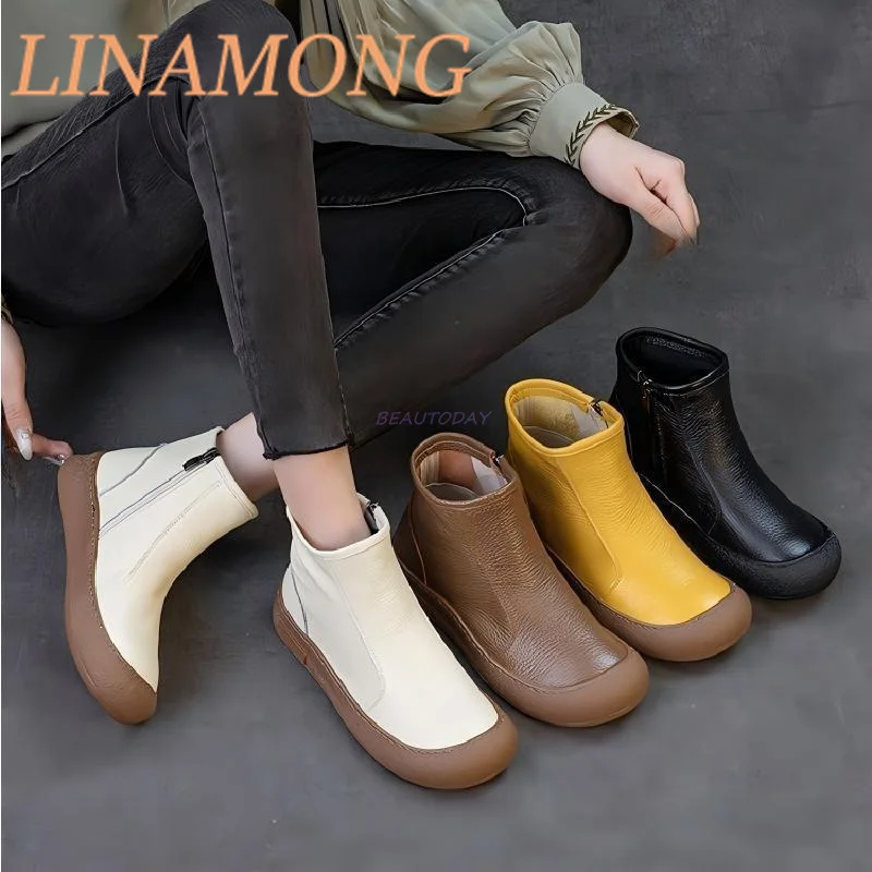 

Flat Bottomed Round Toe Cotton Leather Shoes Back Zipper and Lace Up Design Color Blocked Short Tube Warm Casual High Top Shoes