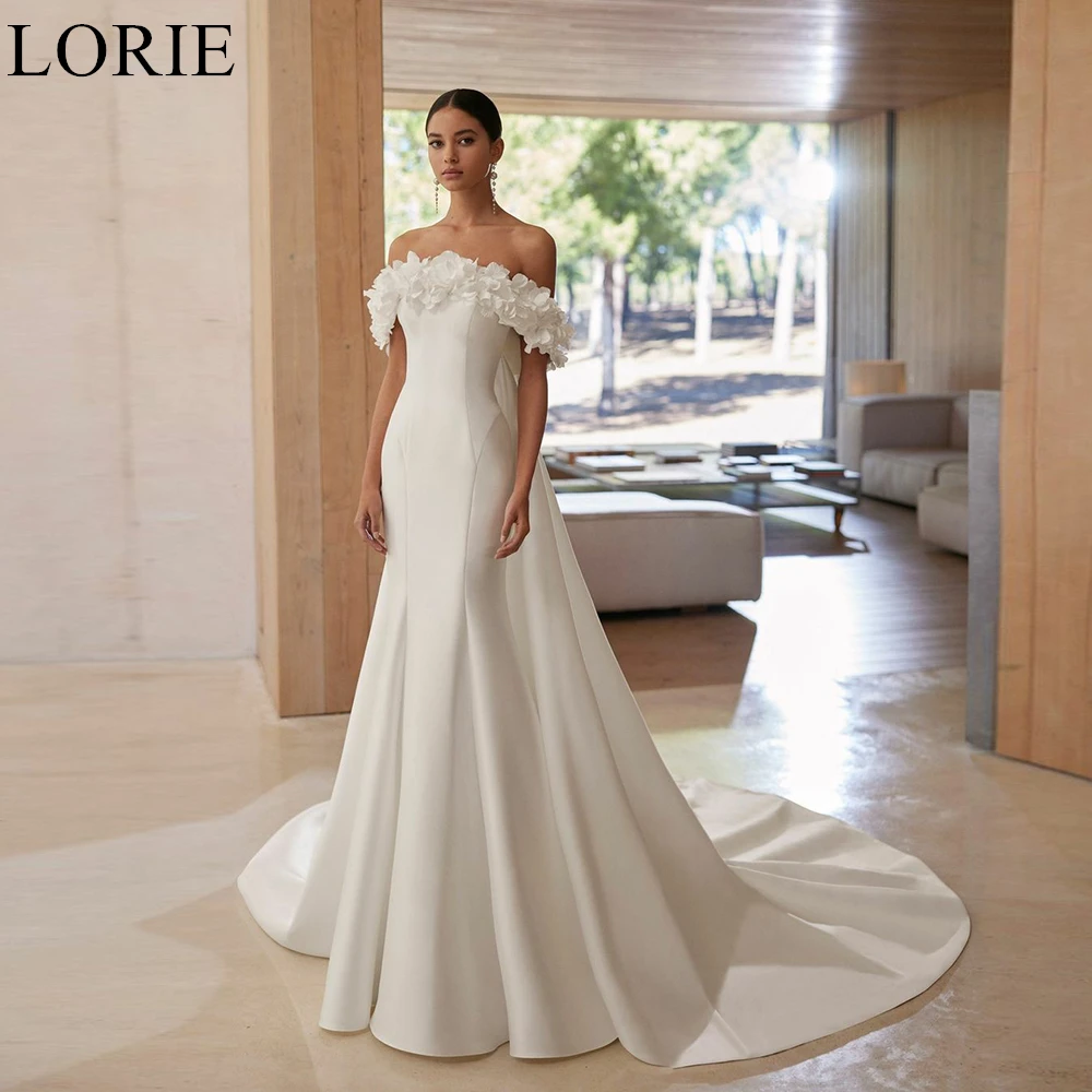 

LORIE Elegant Ivory Satin Wedding Dresses Strapless A-Line Flowers Pleated Bride Prom Gown 2025 Vintage Bridal Gowns Customized