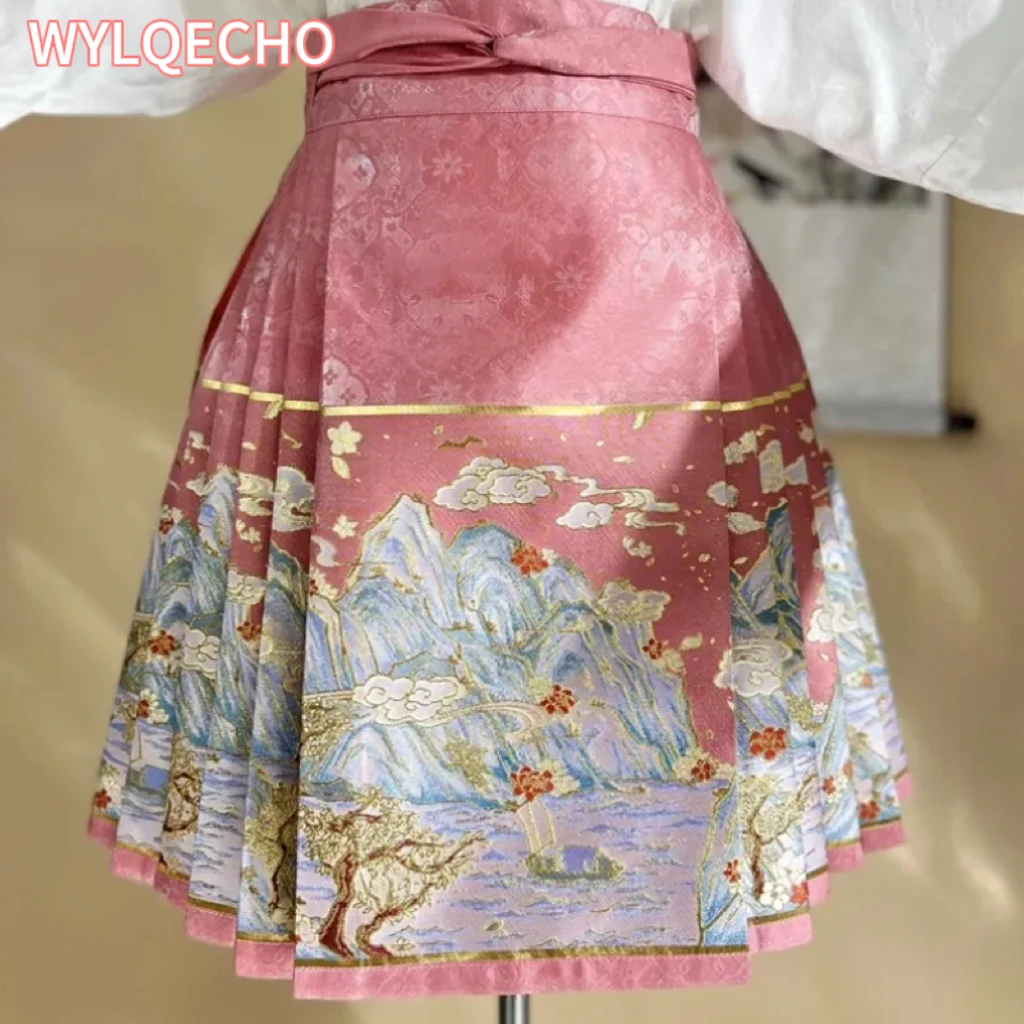 

Chinese Traditional Hanfu Clothing Vintage JK Suit Printing Folk Dance Skirt Gold Stamping Improved Hanfu Horse Face Short Skirt