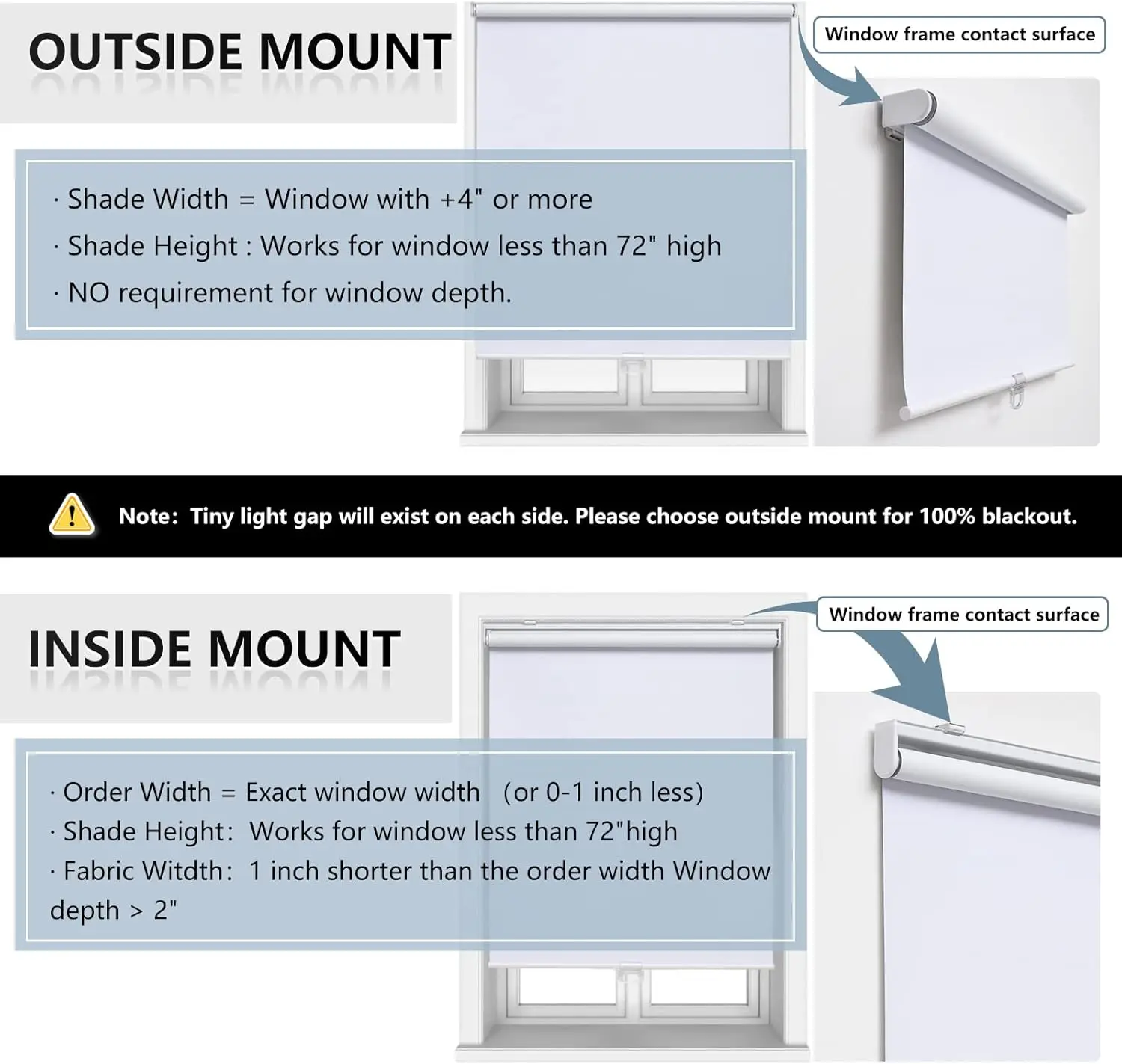 Cordless Roller Shades Blackout Blinds for Windows, UV Protection, Spring System, White 30x72 Inches