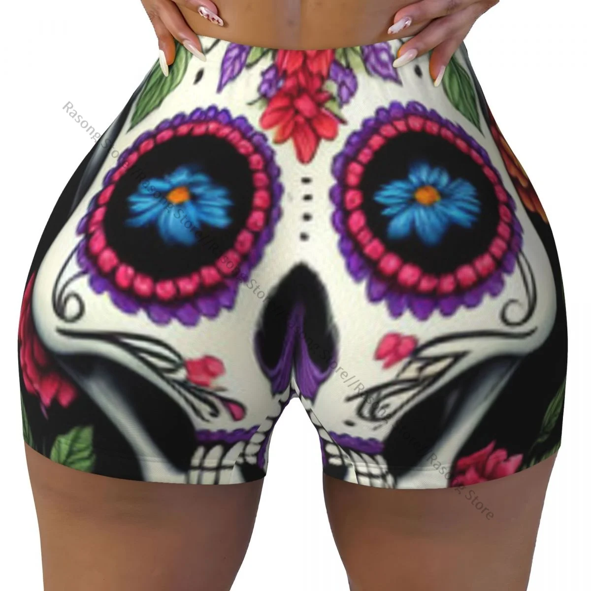 Women's Yoga Shorts Dia De Los Muertos Traditional Calavera Sugar Skull Scrunch Booty Butt Lifting Comfort Fitness Gym