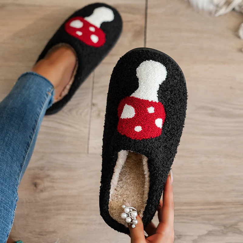 Fashion Mushroom Slides Slippers Shoe Women Flat Footwear Winter Home Slippers Woman Man Fulffy Fur Slides Indoor House Shoes