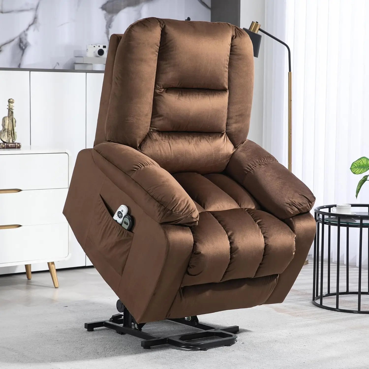 Lift Recliner Chair, Ergonomic MassageChairwith4 Positions and Heating, Fabric Overstuffed Living Room Chairs with Side Pockets