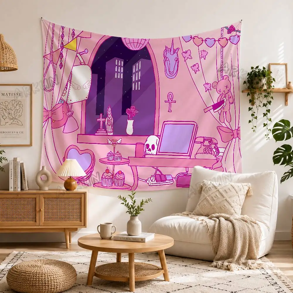 Pink Pastel Goth Tapestry, Kawaii Dark Aesthetic Bedroom Interior Wall Hanging Cloth Cartoon Scene Bedroom Home Wall Decor