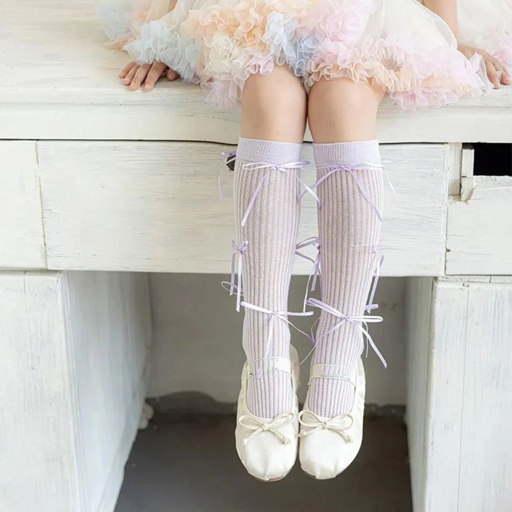 

Solid Color Balletcore Socks Ribbon Bow Autumn&Winter Mid-Tube Hosiery Korean Style Cloth Accessories Thin Stockings Kid