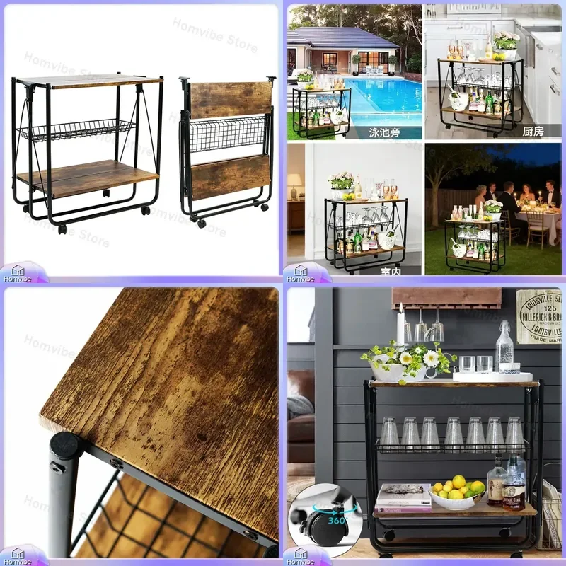 Foldable Food Cart Portable Solid Wood Shelves Catering Kitchen Folding Trolley Household Serving Cart for Restaurant Home