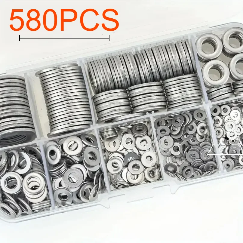 

XMSJ 580pcs 304 Stainless Steel Flat Washers Set, Perfect For Home Decor, Factory Repair, Kitchens, Shops & More