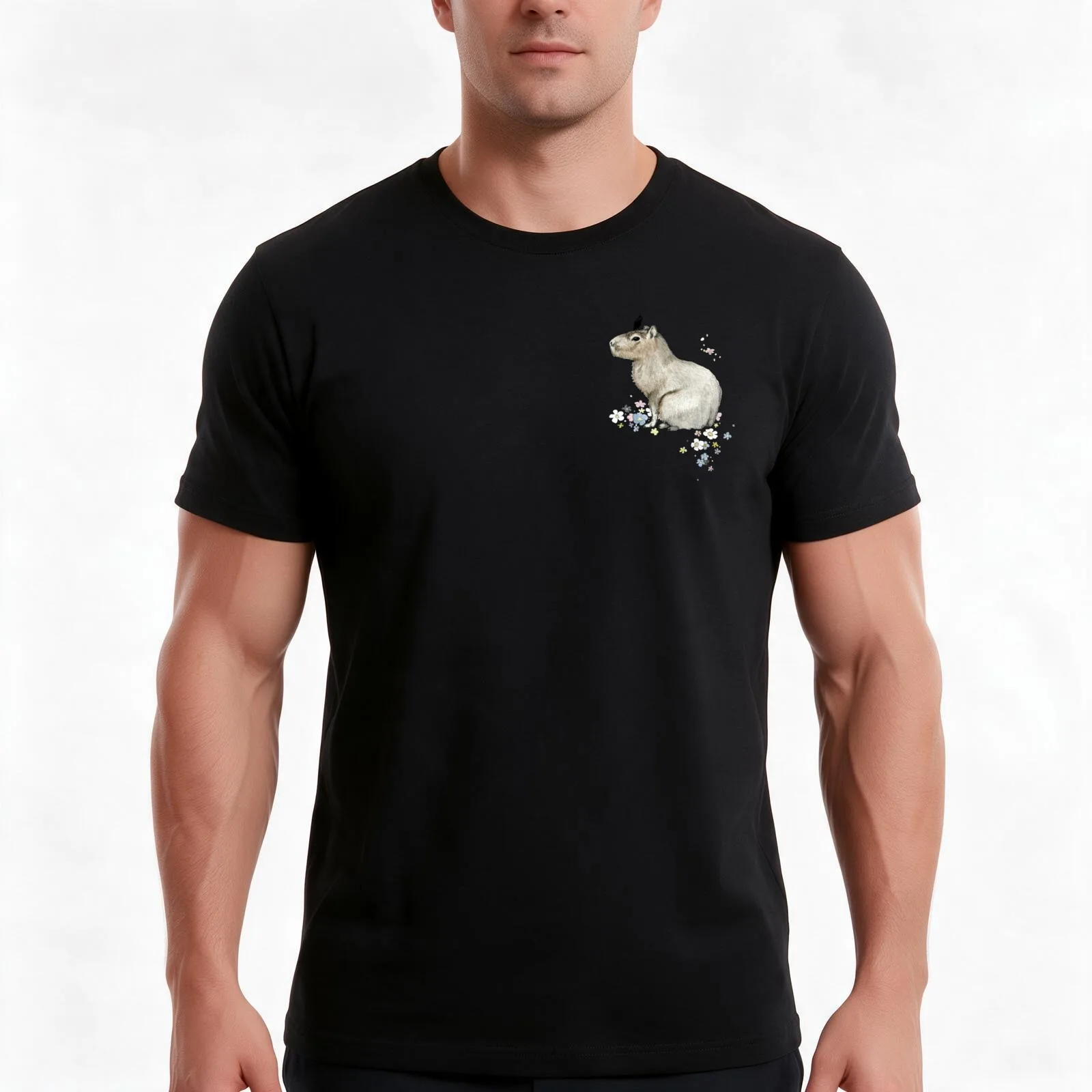 Dreamy Capybara w/ flowers (and a bird friend on its head) T-Shirt, Summer Casual Cotton Tee, Oversized Streetwear Tops