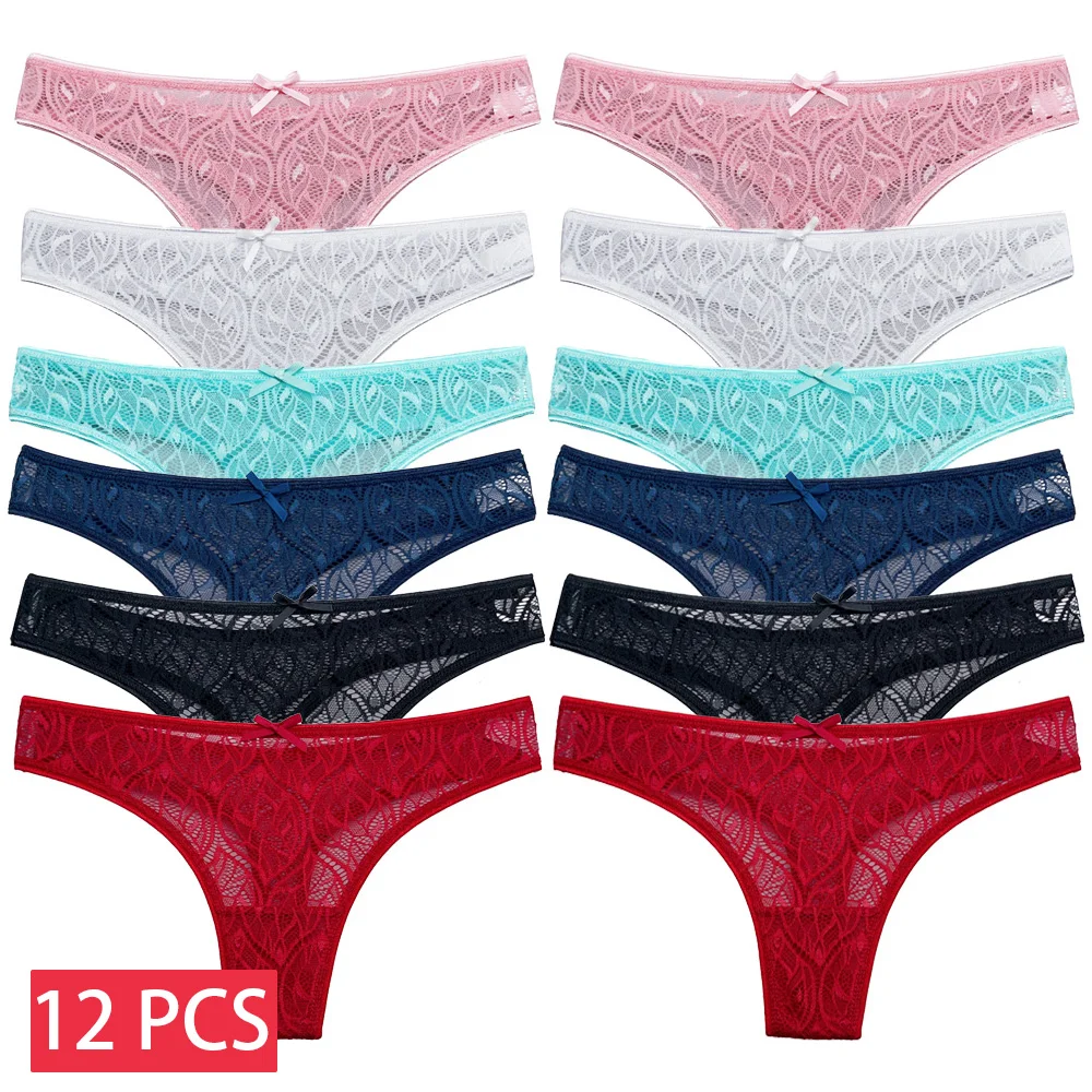 12 Pcs/set Sexy Lace Thongs Women Transparent G-string Panties Lace T-back Underwear Fashion Female 
