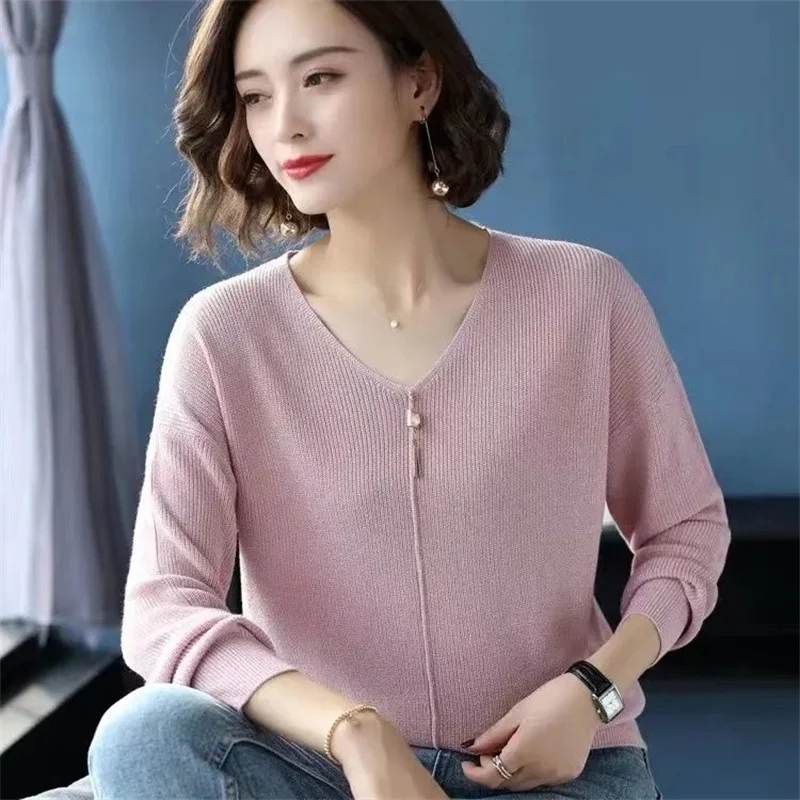 Autumn Winter Women Sweaters Casual Long Sleeve Knitted V Neck Pullover Sweater Femme Basic Solid Jersey Tops Fashion Clothes