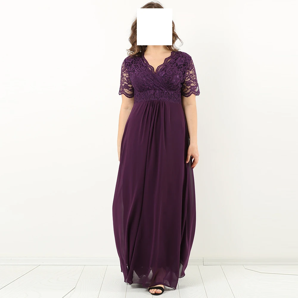 

Exquisite Straight Purple Ankle Length Evening Dress Elegant V Neck Chiffon Short Sleeves Lace Appliques Pleats Saudi Arab