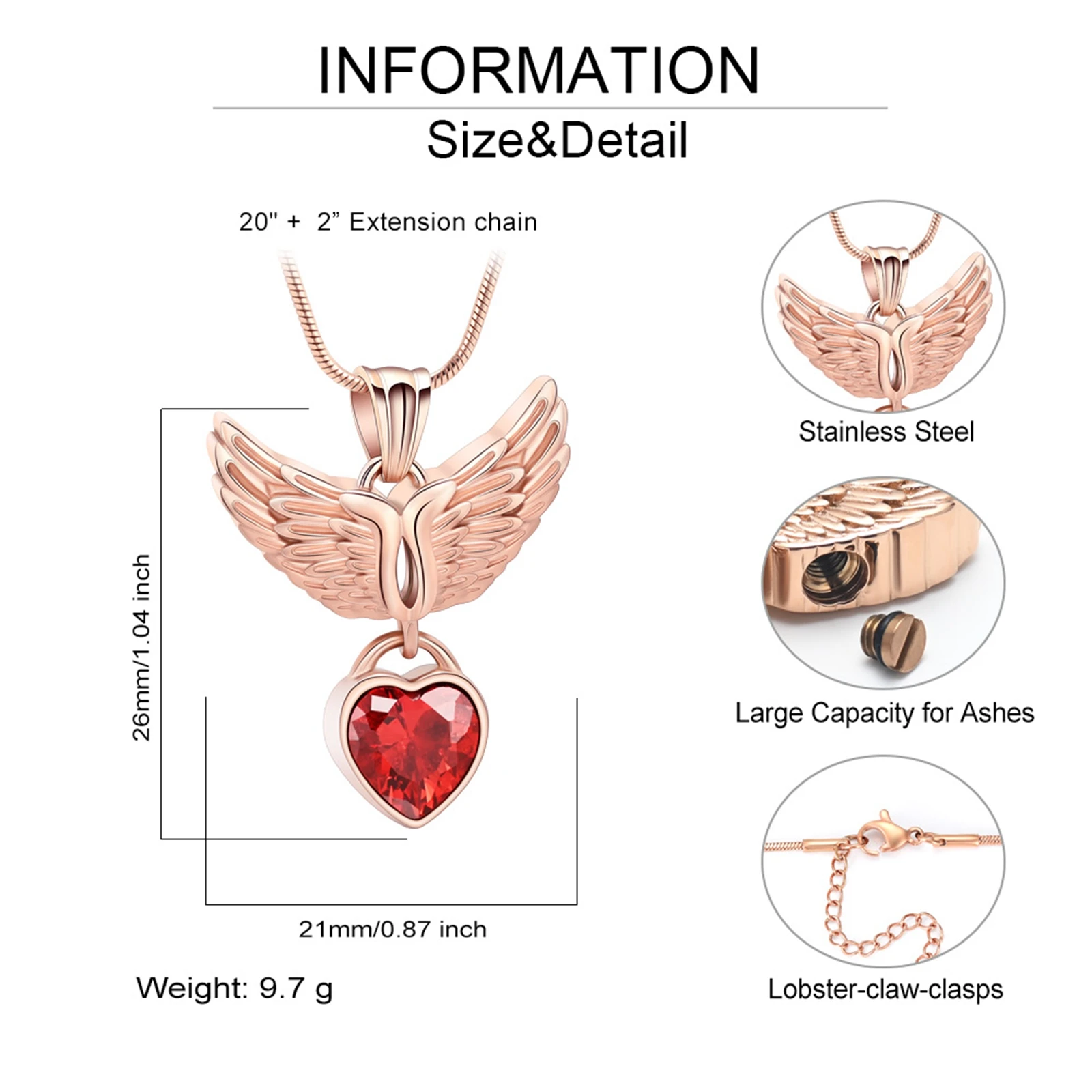 Angel Wing Urn Necklace for Ashes Stainless Steel Inlaid Heart Crystal Memorial Pendant Cremation Jewelry Keepsake for Women