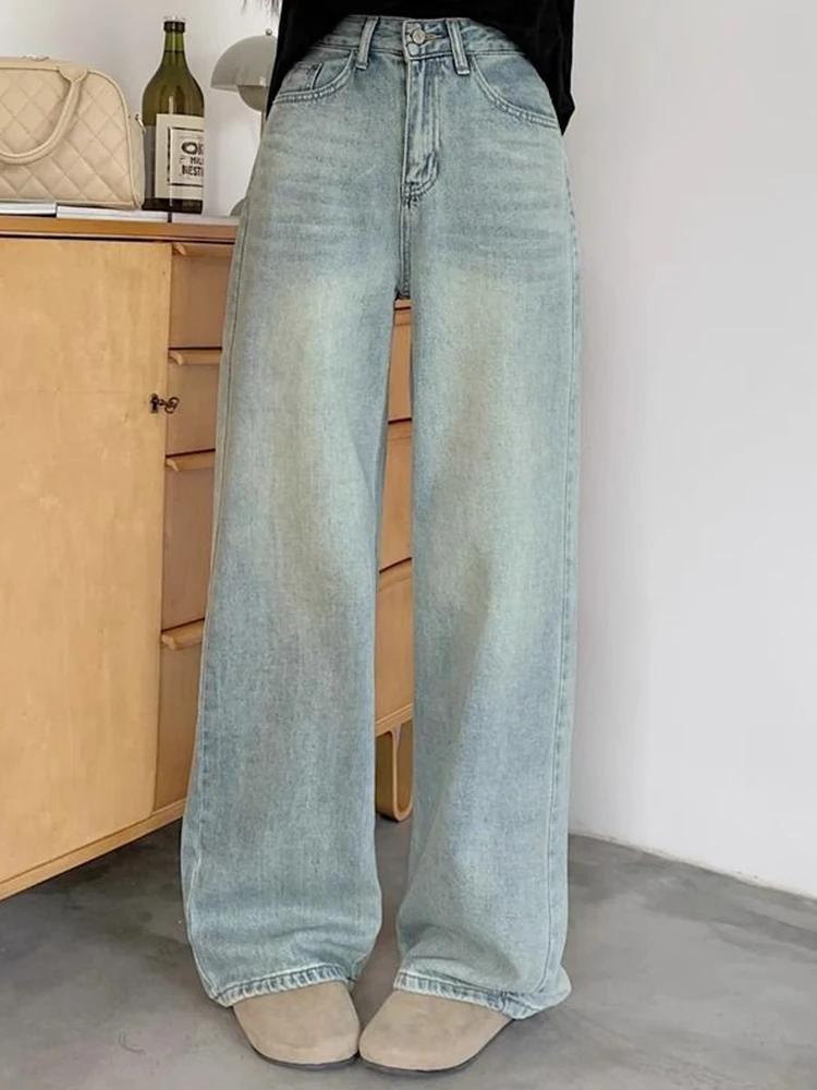Woman 2024 Spring High Waist Wide Leg Trousers Female Washed Narrow Version Straight Leg Pants Fashion Light Blue Stacked Jeans — zdjęcie 6