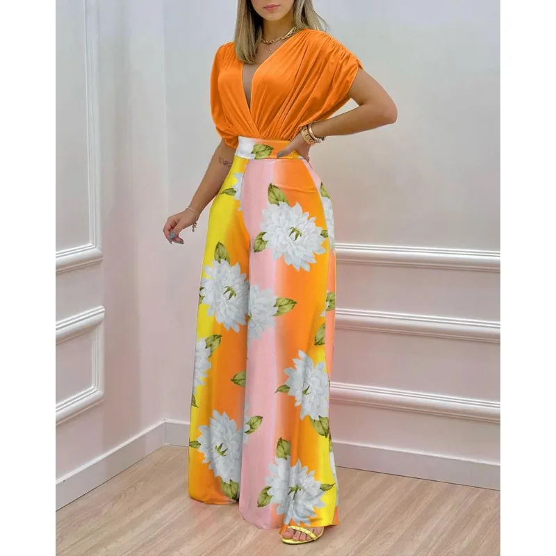 Spring Summer Flower Print Slim Suit Women Sexy Short Sleeve V-neck Pleated Short Top High Waist Wide Leg Pants Trousers Suit