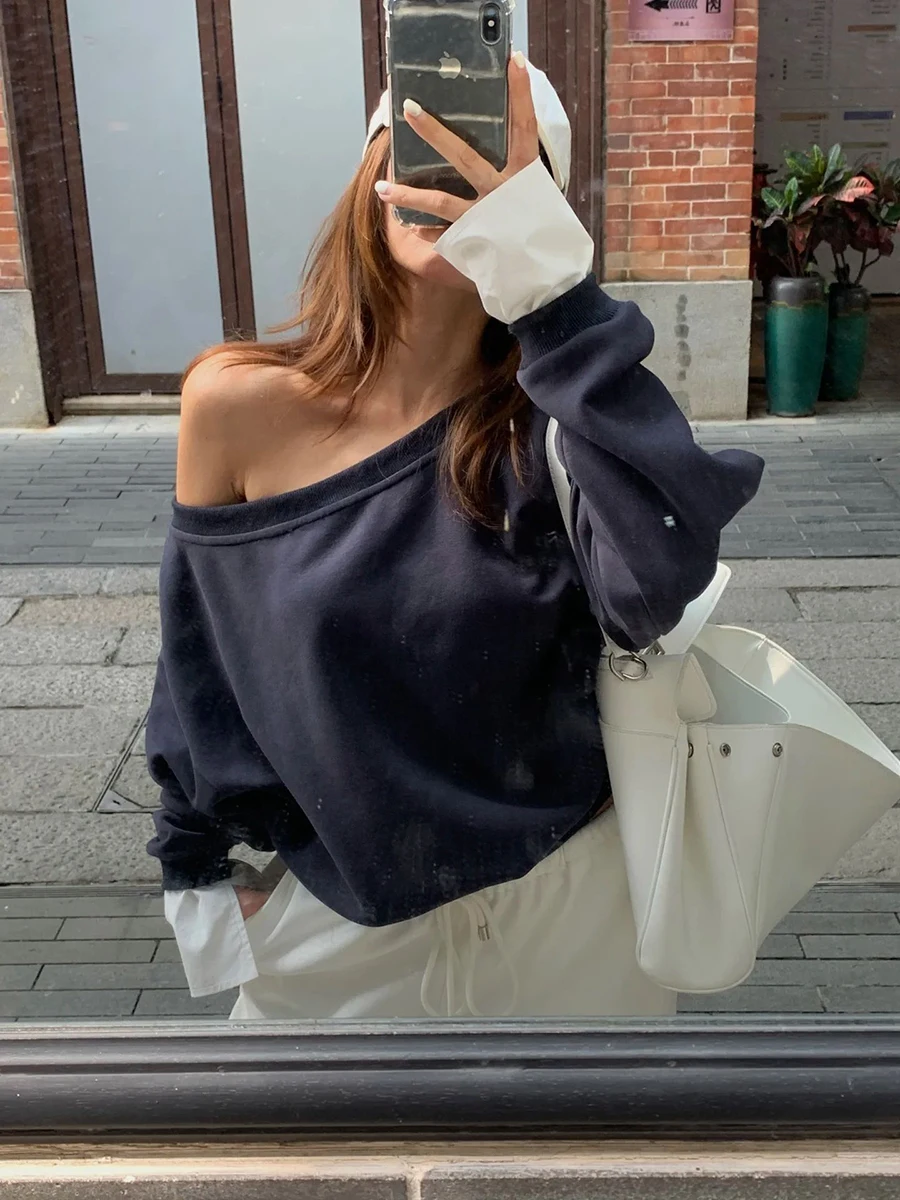 Navy Vintage Sweatshirt Woman Autumn Slanted Collar Off Shoulder Long Sleeve Cotton Hoodie Casual Streetwear Sweatshirts Y2k Top