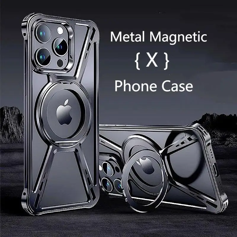 Luxury Metal Heat Dissipation Phone Case For iPhone 14 15 16 Pro Max X Shape Magnetic Hidden 360° Swivel Bracket Cover For Apple