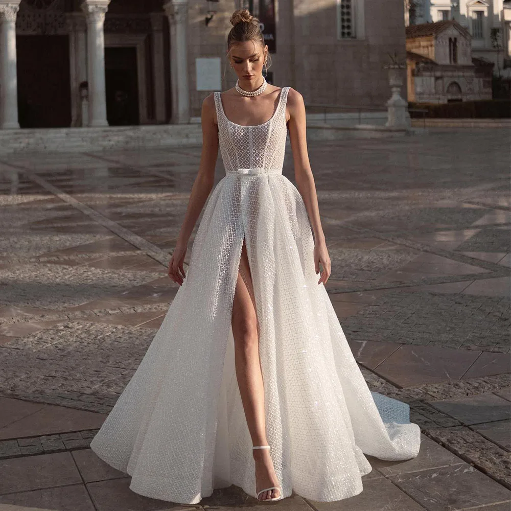 Luxury Wedding Dress Lace A Line Criss-Cross Slit Summer Wedding Gowns for Women 2023 Bride Tank Sleeveless Illusion Bridal Gown