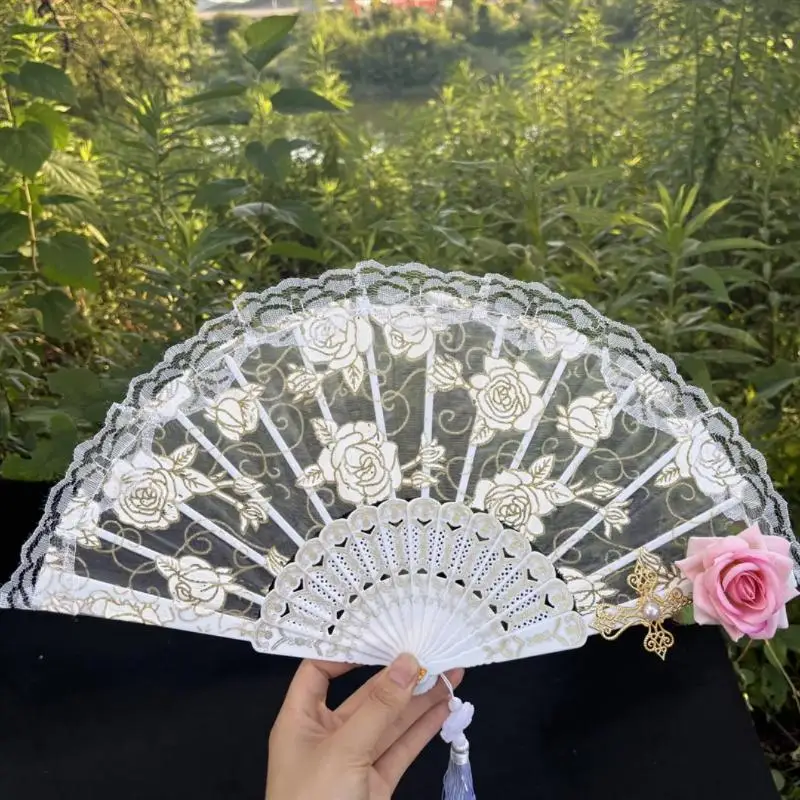 Vintage Gothic Lace Hand Fan Victorian Lolita Style Bamboo Fan Black White Red Rose Floral For Cosplay Halloween Photo Props